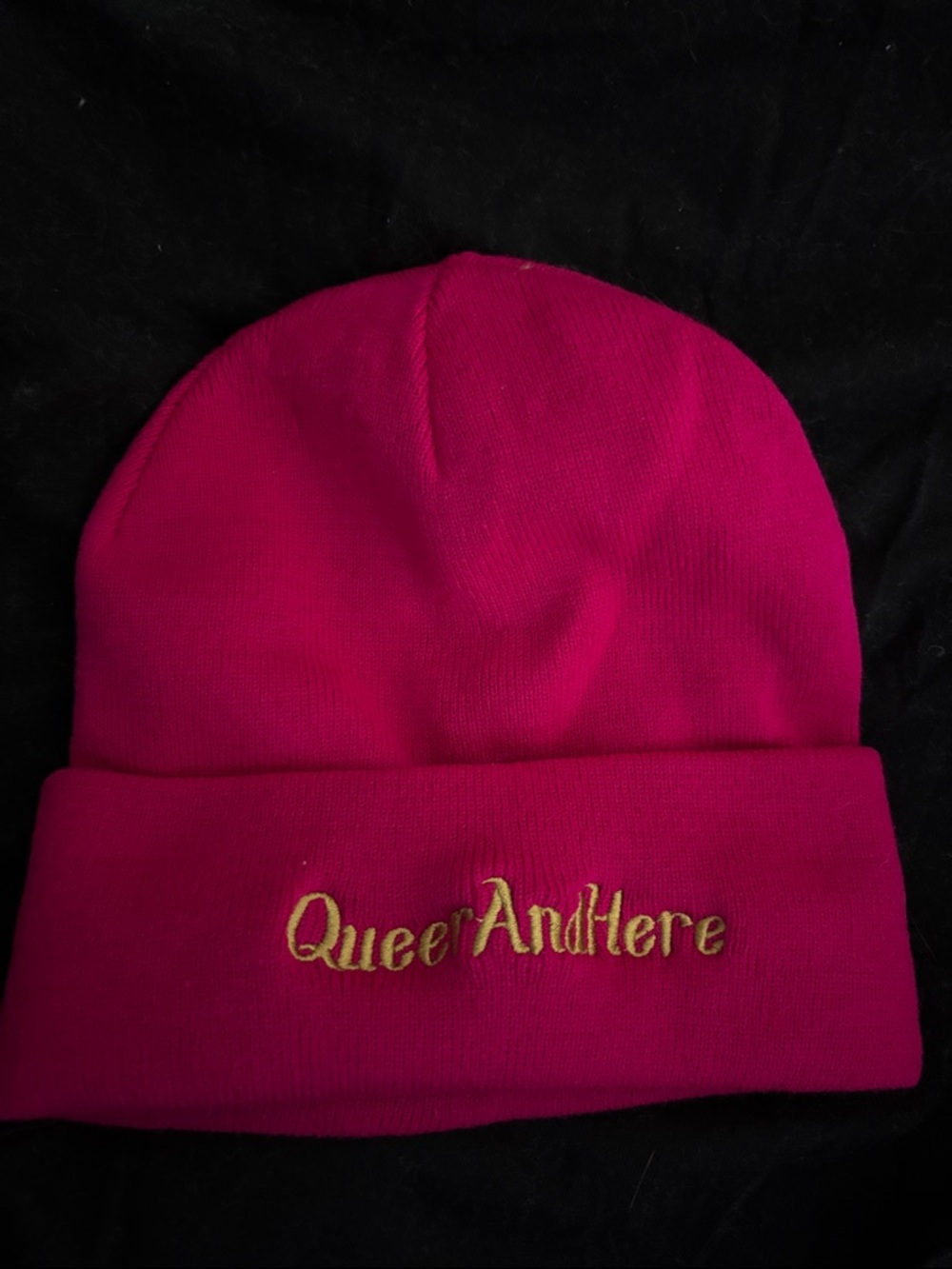 Hot Pink Beanie with Gold 'QueerAndHere' Embroidery silk lining